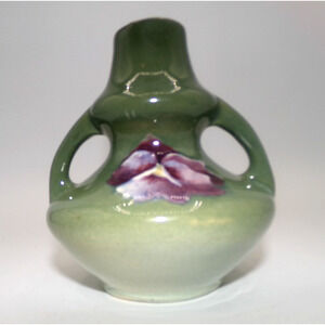 Weller Pottery Handled Vase sweet Weller vase in green decorated purple pansy